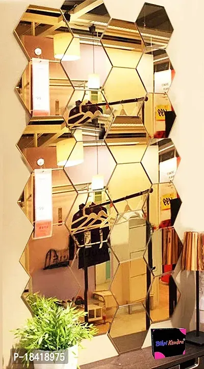 Trendy Decorative Mirror stickers for wall, hexagon mirror wall stickers, acrylic mirror wall decor sticker, hexagonal mirror wall sticker, wall mirror stickers, wall stickers for hall room, bed room, Kitchen ( Hexagon Golden Pack of 28 )-thumb0