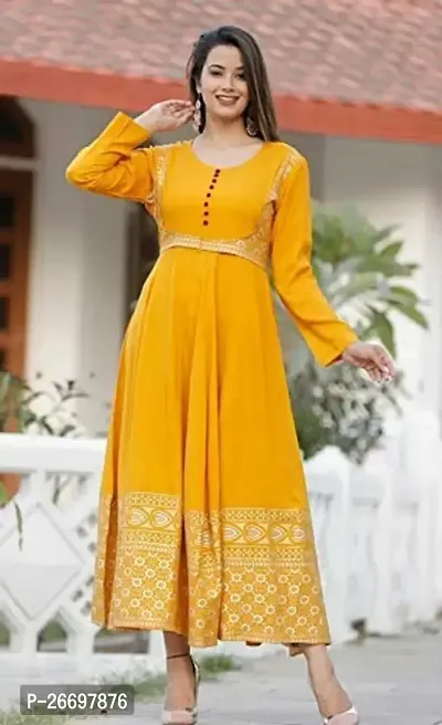 Maa Creation Women and Girls Rayon Fabric Mustard Color Long Kurti with Pink Dupatta (Yellow_L)-thumb4