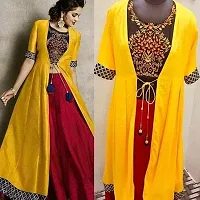 Women Ethnic Set of Rayon Crop Top Skirt and Shrug || Classy Crop Top Kurti with Skirt and Shrug Jacket || Embroidered Ethnic Kurta Set (M)-thumb3