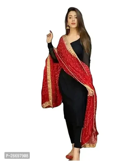 Women's Rayon Regular Kurti With Pant And Red Bandhej Dupatta (Shifa Creation_Black_X-Large)-thumb0