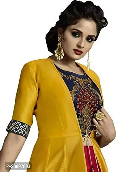 Women Ethnic Set of Rayon Crop Top Skirt and Shrug || Classy Crop Top Kurti with Skirt and Shrug Jacket || Embroidered Ethnic Kurta Set (M)-thumb3