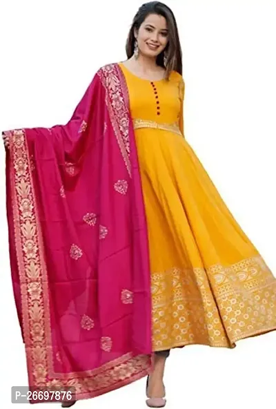 Maa Creation Women and Girls Rayon Fabric Mustard Color Long Kurti with Pink Dupatta (Yellow_L)-thumb0