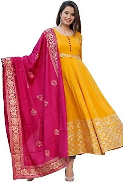 Maa Creation Women and Girls Rayon Fabric Color Long Kurti with Dupatta (Yellow)