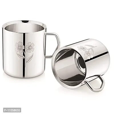 Stylbase Stainless Steel Double Wall Tea Coffee Cup | Steel Mugs Mirror Finish | Unbreakable Cups for Tea & Coffee, Ideal for Daily Use | Silver, Sober Design | 280ml Each | Pack of 2 (Flower)