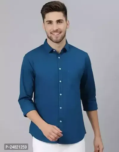 Comfortable Blue Cotton Long Sleeve Shirt For Men