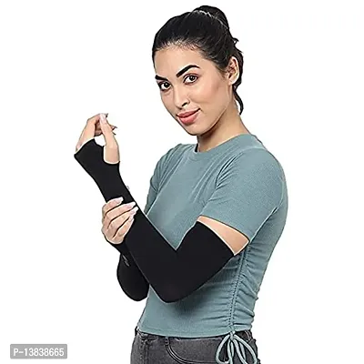 SAA Black Fully Stretched Skinny Fit Arm Sleeves for Arm to Sun-Protection (Free Size, Set of 1 Pair)-thumb5