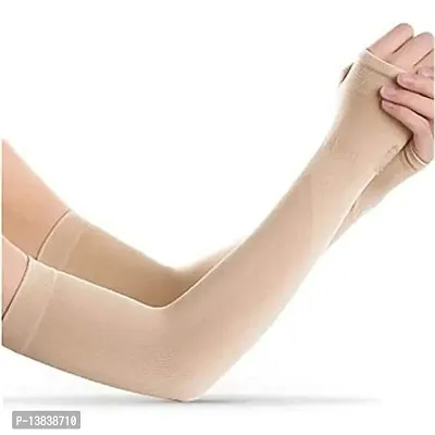 UV Protection Lets Slim Cooling Arm sleeves Cover for Men Women, Gloves with Thumb Hole for Biking, Scooty and sports (Beige l Free Size)-Pack of 1-thumb0