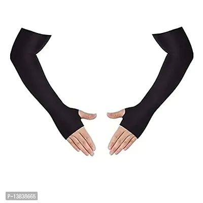 SAA Black Fully Stretched Skinny Fit Arm Sleeves for Arm to Sun-Protection (Free Size, Set of 1 Pair)-thumb0