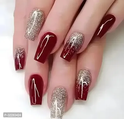 Wine Red Medium Coffin Artificial Press on Nails with Golden Glitter-thumb0