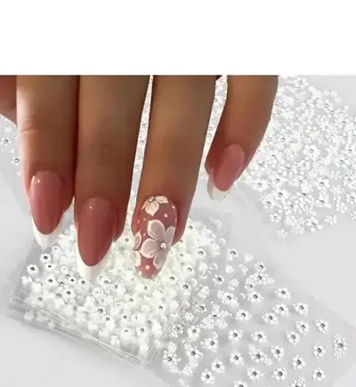 White Flower Nail Art Stickers with Rhinestones Designs Nail Decals 3D Self Adhesive