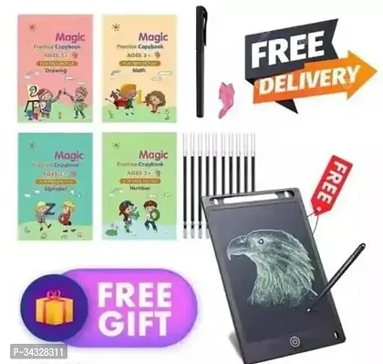 Combo Offer Of (4 Sank Magic Book +10 Refill +1 Grip + LED Magic Writing Tables) (Sank Automatic Ink Remove In Seconds) (Pack Of 2 Sank+Tablet)