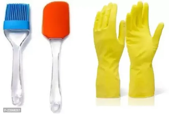 Reusable Rubber Hand Gloves, Stretchable Gloves for Washing Cleaning Kitchen Garden, 1-Pair (Any Color) ( With SPATULA AND PASTRY BRUSH )