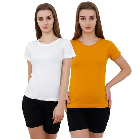 Reifica Plain Tshirts for Women Combo Pack of 2 | Regular Fit Half Sleeve Round Neck Cotton Solid Tops Combo