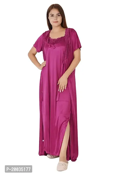 Morpankhi Fashion Fashion Wine Satin Solid Nighty for Women's | Maxi | Gown | Night Gown | Night Dress | Nightwear (M)-thumb0