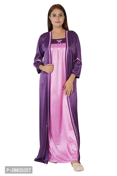 Morpankhi Fashion Satin Solid Ankle Length Nightwear Set | 2 Piece Nighty for Women's | Maxi | Gown | Night Gown | Night Dress | Nightwear - Purple (M)