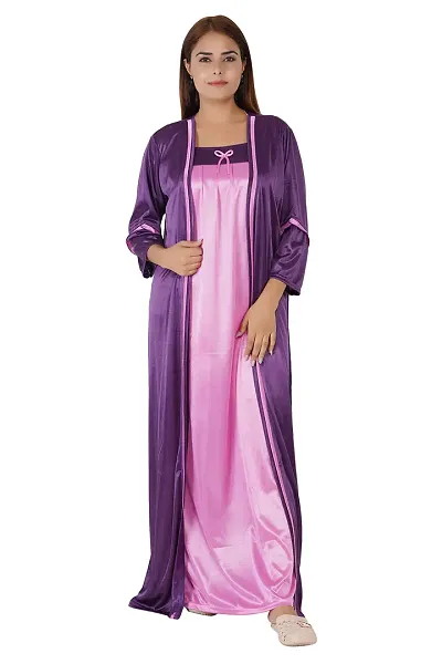 Morpankhi Fashion Satin Solid Ankle Length Nightwear Set | 2 Piece Nighty for Women's | Maxi | Gown | Night Gown | Night Dress | Nightwear - (M)