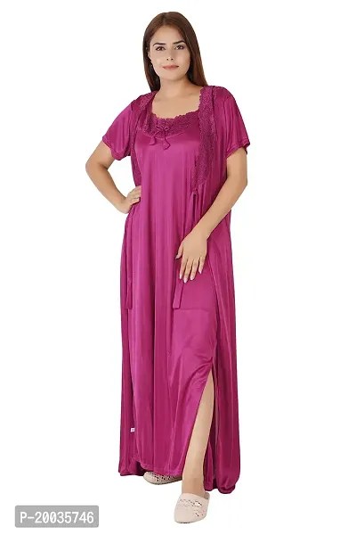 Morpankhi Fashion Satin Solid Ankle Length Nightwear Set | 2 Piece Nighty for Women's | Maxi | Gown | Night Gown | Night Dress | Nightwear - Wine (L)-thumb0