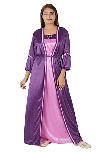 Morpankhi Fashion Women's Satin Solid Maxi | Nighty | Night Gown | Night Dress | Nightwear (2 in 1) (Purple-Pink)-thumb3