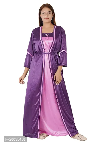 Morpankhi Fashion Women's Satin Solid Maxi | Nighty | Night Gown | Night Dress | Nightwear (2 in 1) (Purple-Pink)-thumb4