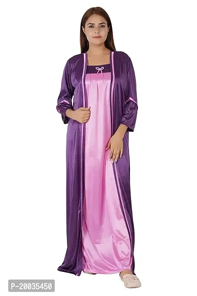 Morpankhi Fashion Women's Satin Solid Maxi | Nighty | Night Gown | Night Dress | Nightwear (2 in 1) (Purple-Pink)-thumb0