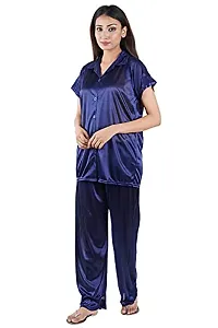 Morpankhi FashionNightwear for Women Essentials T_Shirt Pyjama Set | Night Suit for Women | Shirt and Pyjama Set (Front Open Collar Night Suit) Navy, Large-thumb2