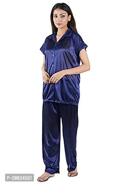 Morpankhi FashionNightwear for Women Essentials T_Shirt Pyjama Set | Night Suit for Women | Shirt and Pyjama Set (Front Open Collar Night Suit) Navy, Large-thumb3