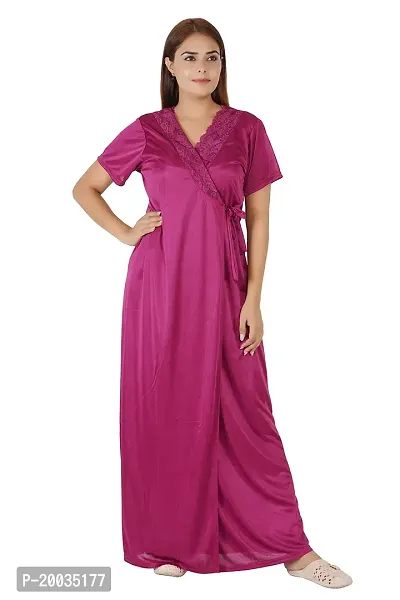 Morpankhi Fashion Fashion Wine Satin Solid Nighty for Women's | Maxi | Gown | Night Gown | Night Dress | Nightwear (M)-thumb3