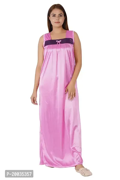 Morpankhi Fashion Satin Solid Ankle Length Nightwear Set | 2 Piece Nighty for Women's | Maxi | Gown | Night Gown | Night Dress | Nightwear - Purple (M)-thumb3