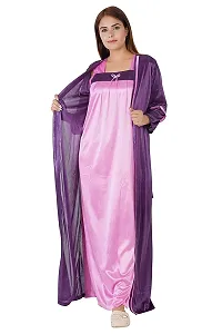 Morpankhi Fashion Women's Satin Solid Maxi | Nighty | Night Gown | Night Dress | Nightwear (2 in 1) (Purple-Pink)-thumb1