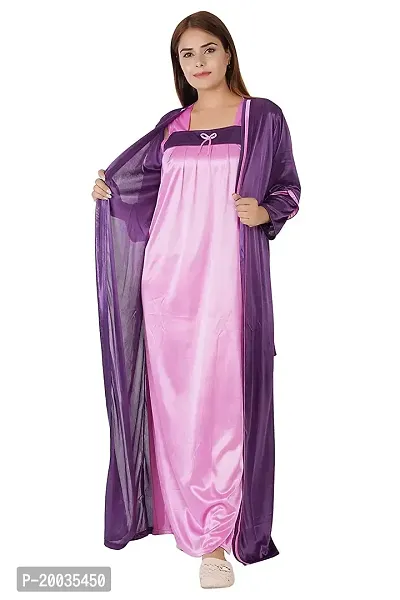 Morpankhi Fashion Women's Satin Solid Maxi | Nighty | Night Gown | Night Dress | Nightwear (2 in 1) (Purple-Pink)-thumb2