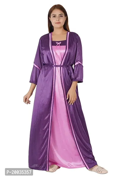 Morpankhi Fashion Satin Solid Ankle Length Nightwear Set | 2 Piece Nighty for Women's | Maxi | Gown | Night Gown | Night Dress | Nightwear - Purple (M)-thumb4