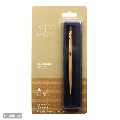 Parker Classic Gold Trim Ball Pen | Refillable | Gold Trim | Stainless Steel (1 Count, Pack of 1, Ink - Blue) | Ideal for gifting | Best pen for professionals, students