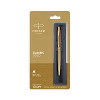 Parker Classic Gold Trim Ball Pen | Refillable | Gold Trim | Stainless Steel (1 Count, Pack of 1, Ink - Blue) | Ideal for gifting | Best pen for professionals, students-thumb1