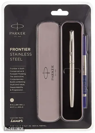 Parker Frontier Stainless Steel | Chrom Trim | Roller Ball Pen | Refillable (1 Count, Pack of 1, Ink - Blue) | Well-suited for gift-giving | Leading pen for corporate and student needs