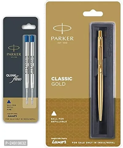 Parker Classic Gold Ball Pen With (Parker Quink Flow Refill Combo Pack 2 - Blue Ink) By DTL Company