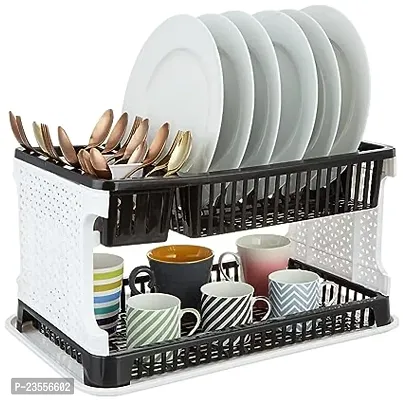 Jalsa 2 Layer Foldable Kitchen Dish Drainer Organizer Storage Rack with Water Storing Tray (Black)(Polypropylene)-thumb2