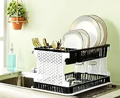 Jalsa 2 Layer Foldable Kitchen Dish Drainer Organizer Storage Rack with Water Storing Tray (Black)(Polypropylene)-thumb3