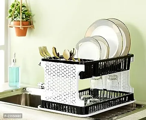 Jalsa 2 Layer Foldable Kitchen Dish Drainer Organizer Storage Rack with Water Storing Tray (Black)(Polypropylene)-thumb4