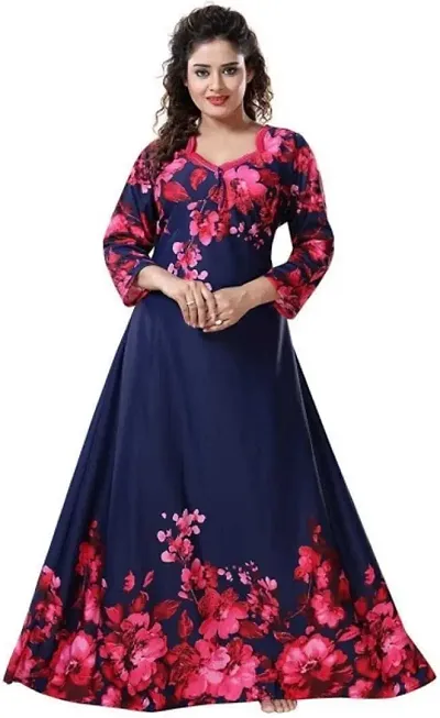 Trendy Synthetic Floral Full Sleeves Night Gown For Women