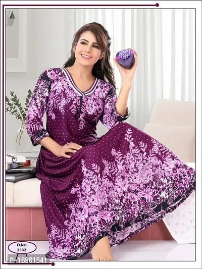 Stylish Floral Satin 3/4th Sleeves Night Gown-thumb0