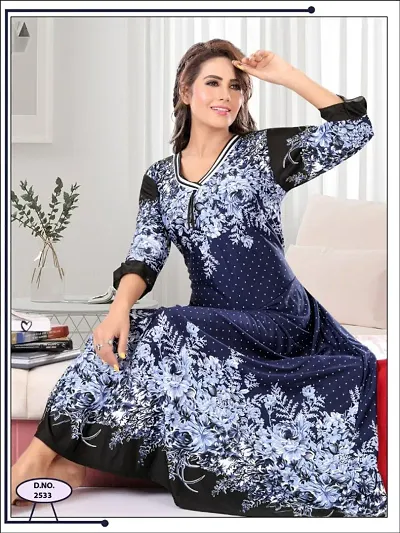 Stylish Floral Satin 3/4th Sleeves Night Gown/Anarkali Nighty