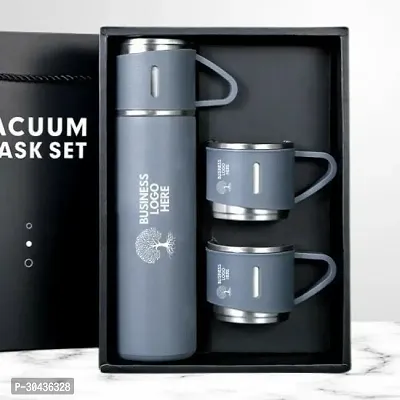 Stainless Steel Vacuum Flask Set with 3 Steel Cups Combo Grey