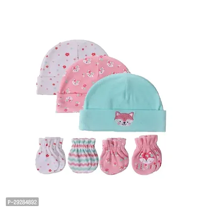 Newborn Baby Cotton Hats And Gloves -Pink Fox - 7Pcs-0 to 3 months-thumb0
