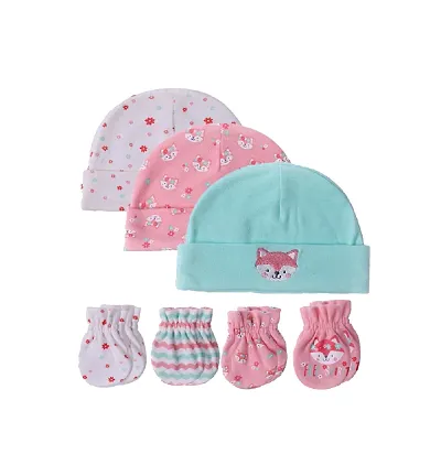 Newborn Baby Cotton Hats And Gloves -Pink Fox - 7Pcs-0 to 3 months