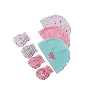 Newborn Baby Cotton Hats And Gloves -Pink Fox - 7Pcs-0 to 3 months-thumb1
