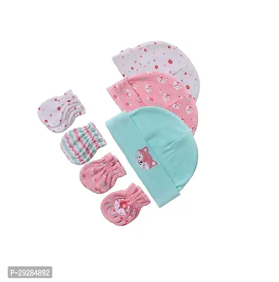 Newborn Baby Cotton Hats And Gloves -Pink Fox - 7Pcs-0 to 3 months-thumb2