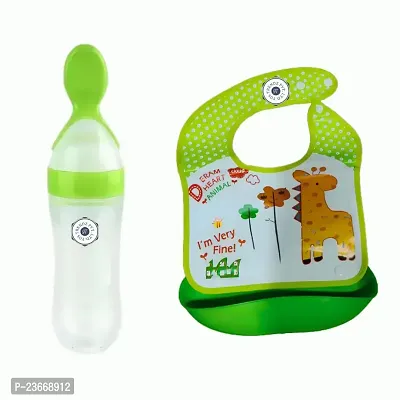 YOS TRENDZ SPOON / FOOD FEEDER AND BIB WITH TRAY COMBO ( GREEN ) FOR INFANTS UNISEX