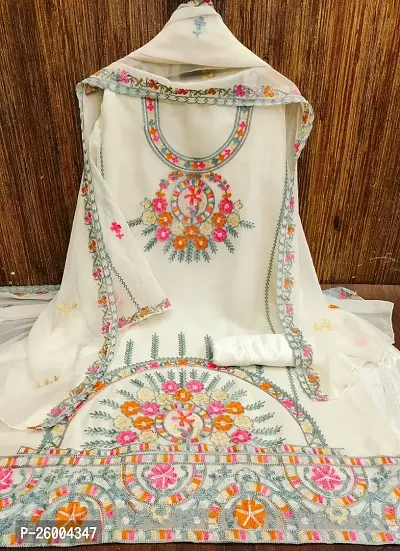 FASHION AVENUE Off White Georgette Embroidered Dress Material (Unstiched)