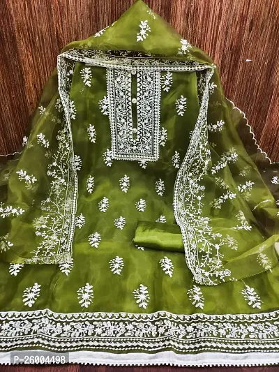 FASHION AVENUE Green Organza Silk Embroidered Dress Material (Unstiched)