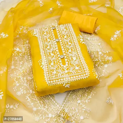 WE R FAB Yellow Organza Embroidered Dress Material (Unstitched)